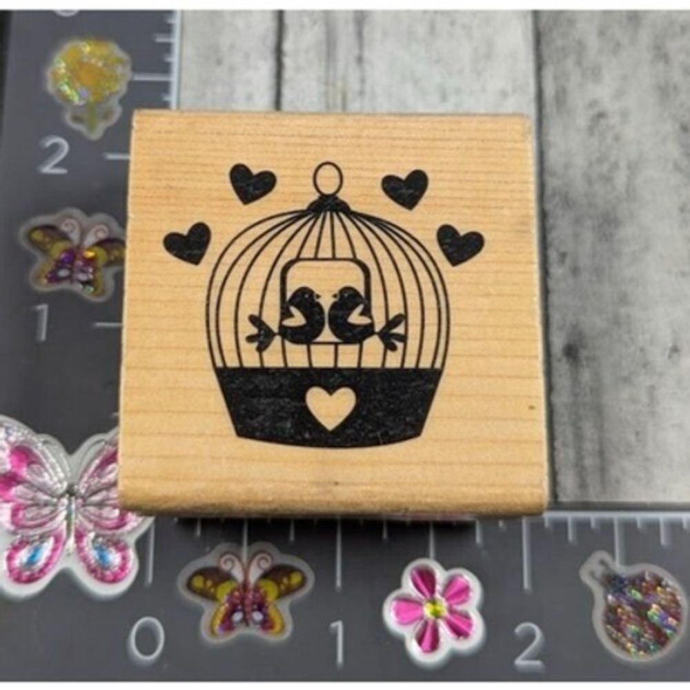 CraftSmart Love Birds Hearts Cage Rubber Stamp Wood #F31